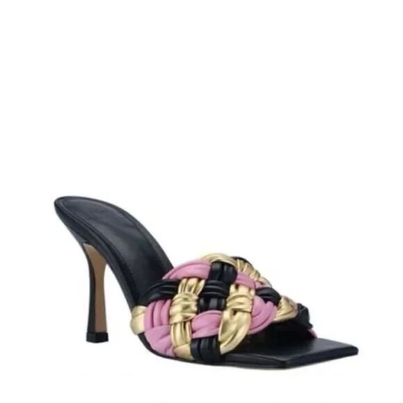 Marc Fisher Square-Toe Heeled Mules Open Toe Black Pink Gold Woven Leather NEW - Picture 1 of 7